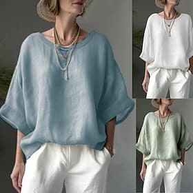 Femmes Couleur Unie Uni Élégant Bohème ancien Manche Courte Hauts Réguliers Blanche Vert Claire Bleu Ciel Été Printemps Automne Hiver