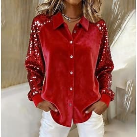 New Year Women's Velvet Dress Shirt Button Up Shirt Velvet Blouse Sequins Vintage Fashion Long Sleeve Turndown Regular Tops Daily Wedding Guest Party Evening W
