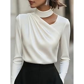 Women's Satin Shirt Dress Shirt Blouse Ruched Solid Color Elegant Fashion Basic Long Sleeve Stand Collar Regular Tops Daily Work White Spring Fall Winter