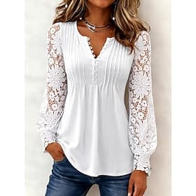 Women's Blouse Lace Patchwork Buttons Solid Color Elegant Stylish Casual Long Sleeve V Neck Regular Tops Daily Blue Black White Red Purple Spring Fall