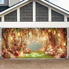 Valentine's Day Garage Door Cover, Rose Cluster with Fairy Lights, Decorative Trees, Perfect for Holiday Ambiance, Ideal for Home, Storefront, or Valentine's D