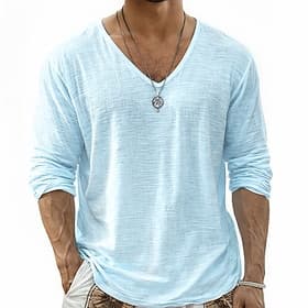 Men's Tee Top Linen T-Shirt Long Sleeve V Neck Summer Spring Spring Summer Solid Color Plain Daily Casual Street Style Plain Outdoor Street Causal Light Blue