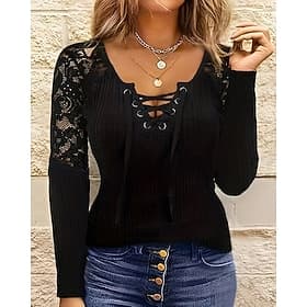 Women's Blouse Lace Patchwork Plain Elegant Stylish Long Sleeve V Neck Regular Tops Holiday Going out Black Summer Spring Fall