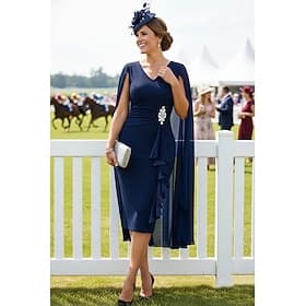 Fourreau Colonne Mi-long Robe de Derby Robe de Mère de Mariée Sans manches Col en V Élégant ancien Minimaliste Kentucky Derby Chiffon Echarpe incluse avec Bro