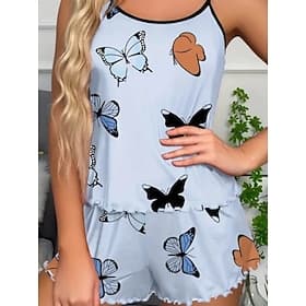 Femmes Ensemble Pyjama Occasionnel Confort Papillon Taille Élastique Shorts Quotidien Maison Sans manches Bretelles Bleu Rose Claire Beige Été Printemps Coupe