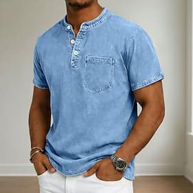 SoftFade™ Men's T Shirt Henley Shirt 100% Cotton Acid Wash Shirt Tee Top Short Sleeve Stand Collar Henley Summer Spring Plain Vintage Streetwear Casual Washed