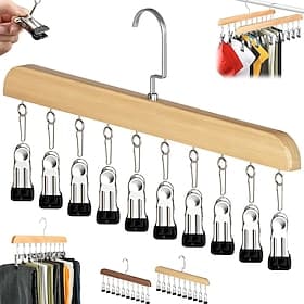 Closet Organizer with 10 Clips - Space Saving Hanging Closet Organizer, 360° Rotating Metal Clips with Silicone Lining, Multifunctional Solid Wood Clothes Hang