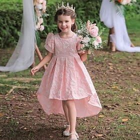 Blumenmädchenkleid Mädchen Formelle Kleidung Hochzeitskleidung Party Hochzeit Formell Niedlich Formell Schön Gerafft Patchwork Blumen Kurze Ärmel Quadratischer