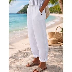 Women's Cotton Linen Pants Chinos Summer Pants Vacation Streetwear Basic Full Length Medium Waist Plain Pocket Comfy Lightweight Breathable Inelastic Daily Out