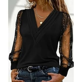 Women's Summer Tops Blouse Dressy Tops Ruched Patchwork Glitter Plain Elegant Vintage Ladies Long Sleeve V Neck Regular Tops Daily Work Holiday Black Red Royal