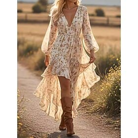 Damen Maxi-Kleid Boho A-Linien Kleid Lässig Outdoor Ausgehen Lockerer Sitz Floral Langarm V-Ausschnitt Blau Beige Sommer Frühling Herbst