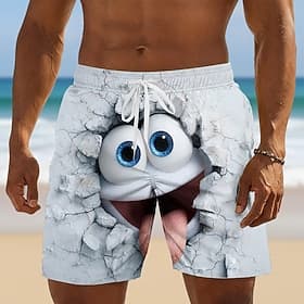 Men's Optical Illusion 3D Cartoon Smile Face Swim Trunks Swim Shorts Board Shorts Mid Waist Hawaiian Funny Beach Vacation Wear Side Pockets Mesh Lining Elastic