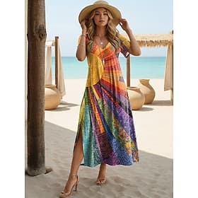 Women's Midi Dress A Line Dress Casual Daily Regular Fit Floral Abstract Short Sleeve V Neck Black White Light Brown Orange Summer Spring