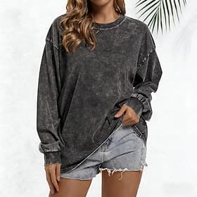 Tee-shirt oversized 100 % coton pour femmes hauts vintage délavés élégant décontracté à manches longues col rond hauts réguliers quotidiens sorties week-end no