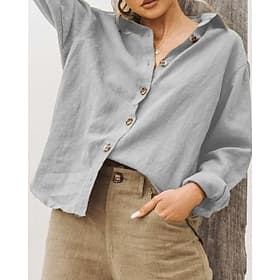 Femmes Chemise Chemisier Faux coton lin Patchwork Boutons Uni ancien Élégant manche longue Col de chemise Hauts Réguliers Quotidien Fête Sortir Noir Blanche Ro