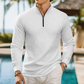 Homme Chemises Polo Gaufre Texturé Occasionnel Sport Loisir Sans Col manche longue Mode Confortable Uni Zip Up Printemps Printemps Automne Coupe régulière Bl
