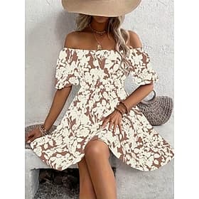 Women's Mini Dress A Line Dress Casual Outdoor Going out Standard Fit Floral Graphic Short Sleeve Off Shoulder Blue Red Green Beige Summer Spring