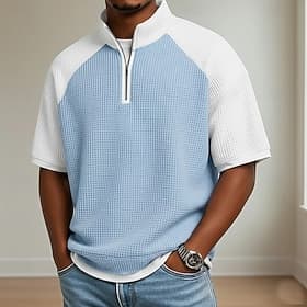 Hombre Camisetas polo con diseño de gofre Casual Festivos Cuello Mao Manga Corta Básico Moderno Plaid Bloque de color Bloque de Color Botones Verano Primavera