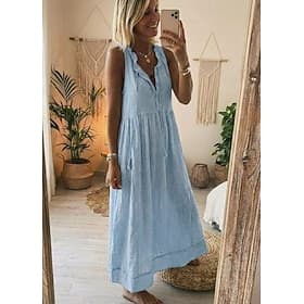 Women's 100% Cotton Maxi Dress Sundress Basic Casual Daily Vacation Regular Fit Plain Sleeveless V Neck Pink Light Blue Summer