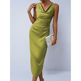Women's Midi Dress Satin Dress Party Dress Bodycon Dress Elegant Fashion Modern Outdoor Vacation Going out Regular Fit Plain Sleeveless Cowl Neck Light Green G