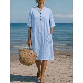 Women's Baumwoll-Leinen Maxikleid A-Linie Kleid Casual Täglich Lässige Passform Einfarbig Halbärmelig V-Ausschnitt Blau Sommer Frühling Herbst