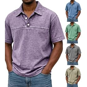 SoftFade™ Men's Acid Wash Shirt Cotton Polo Shirt Casual Business Ribbed Polo Collar Short Sleeve Fashion Basic Solid Color Color Block Buttons Washed Summer S