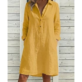 Femmes Robe Longueur Genou Robes en coton et lin Robe Chemise Mode Moderne Extérieur Vacances Fête Coupe régulière Uni manche longue Col de chemise Blanche Jau