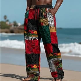 Men's Color Block Patchwork Ethic / African Trousers Casual Pants Baggy Pants Mid Waist Vintage Retro Home Outdoor Vacation Elastic Drawstring Waist Linen-Like