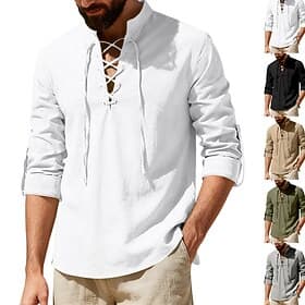 Men's Shirt Linen Shirt Viking Style Summer Shirt Beach Wear Band Collar Shirt Solid Color Casual Vacation Black White Green Khaki Long Sleeve Shirt Collar Sum