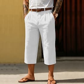 Men's Linen Pants Capri Pants Summer Pants Pocket Elastic Waist Plain Comfort Breathable Calf-Length Daily Outdoor Beach Vacation Fashion Blue Dark Khaki Micro