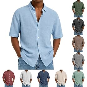 Voor heren Overhemd Wafel Shirt Textuur Normaal shirt Overhemd met knopen Wijn Marineblauw Korte mouw Effen Revers Dagelijks Streetwear Kleding Modieus Modern