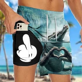 Men's Crocodile Hippopotamus Funny Slang Lined Shorts 2 in 1 Board Shorts Swim Shorts Mid Waist Hawaiian Holiday Side Pockets With Compression Liner Elastic Dr