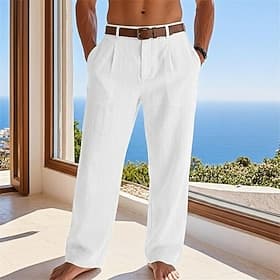 Men's Cotton Linen Pants Trousers Summer Pants Baggy Pants Beach Pants Pocket Solid Color Comfort Breathable Full Length Casual Daily Outdoor Vacation Fashion