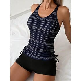 Women's Swimwear Tankini 2 Piece High Waist Swimsuit Tummy Control High Waist Slim Backless Vacation Beach Wear Striped Geometic U Neck Sleeveless Bathing Suit
