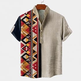 Men's Geometric Pattern Ethnic Shirt Button Down Shirt Short Sleeve Vintage Retro Holiday Casual Daily Summer Spring Standing Collar Henley Collar 3D Print Lin