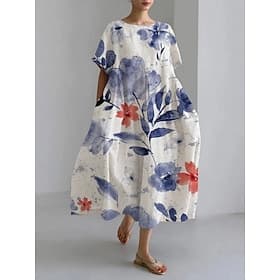 Damen Midikleid Freizeitkleid Mode Basic Modern Täglich Outdoor Strand Lässiger Schnitt Blumen Kurzarm Rundhalsausschnitt Blau Dunkelblau Sommer Frühling