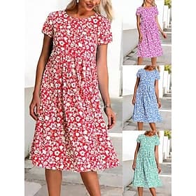 Women's Midi Dress Floral Dress Print Dress Fashion Modern Outdoor Vacation Weekend Loose Fit Floral Short Sleeve Crew Neck Blue Red Purple Green Summer Spring