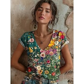 Women's T Shirt Print Floral Graphic Vintage Stylish Classic Short Sleeve V Neck Regular Tops Daily Ash Black Light Green Red Green Summer Spring
