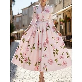 Women's Maxi Dress Casual Dress Work Dress Floral Dress Elegant Vintage Fashion Outdoor Vacation Going out Regular Fit Floral Long Sleeve V Neck Pink Summer Sp