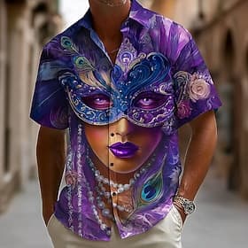 Mardi Gras Hombre Carnaval Cuentas Máscara con plumas Camisa Abotonar la camisa Manga Corta retro de la vendimia Fiesta Festivos Verano Primavera Cuello Vuelto