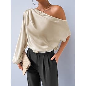 Women's Shirt Satin Shirt Blouse Off The Shoulder Tops Ruched Solid Color Plain Stylish Basic Classic Long Sleeve Off Shoulder Regular Tops Daily Holiday Going