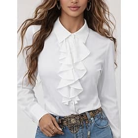 Women's Dress Shirt Blouse Ruffle Buttons Solid Color Elegant Stylish Basic Long Sleeve Shirt Collar Regular Tops Daily Office Work White Spring Fall