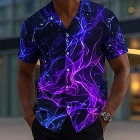 Men's Flame Neon Glow Shirt Button Up Shirt Short Sleeve Fashion Casual Streetwear Vacation Summer Spring Turndown 3D Print Collared Shirts Purple Orange Green