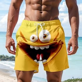 Homme Illusion d'optique Dessin Animé 3D Visage Souriant Maillots de bain Shorts de bain Shorts de Surf Taille Moyenne Hawaïen Drôle Vacances à la Plage Poches