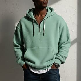 Men's Hoodie Waffle Hoodies Pullover Hoodie Sweatshirt Quarter Zip Hoodie Apricot White Light Green Light Grey Hooded Plain Kangaroo Pocket Textured Casual Dai