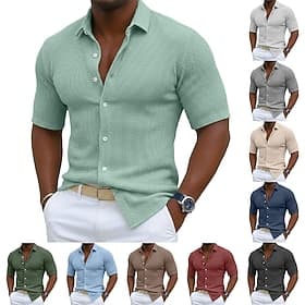 Men's Shirt Waffle Shirt Texture Casual Shirt Button Up Shirt Black Navy Blue Sky Blue Green Gray Short Sleeve Plain Lapel Casual Daily Clothing Apparel Fashio