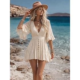 Femmes Mini Robe Robe trapèze Robe d'été Occasionnel Quotidien Plage Fête Coupe Ample Uni Manche 3/4 Col en V Beige Été Printemps