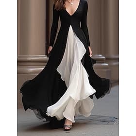 Women's Maxi Dress Chiffon Dress Swing Dress Elegant Fashion Modern Outdoor Vacation Going out Regular Fit Color Block Long Sleeve V Neck Black Spring Fall