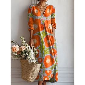 Robe Maxi Femme Lin Comme Respirant Léger Robe d'Été Robe Lâche Casual Fête Vacances Ajustement Régulier Imprimé Floral Manches Longues Col V Bleu Jaune Rouge