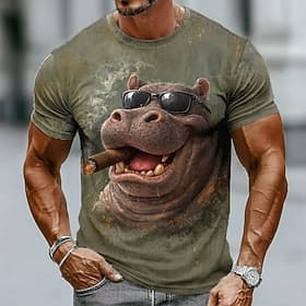 Men T Shirt 3D Hippo Smoking Cigar Sunglasses Graphic Tee Funny Animal Short Sleeve Top Clothing Apparel S M L XL XXL XXXL
